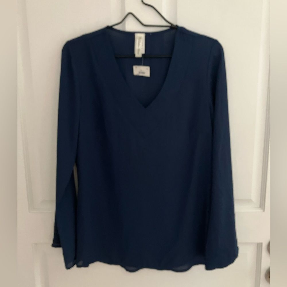 PerSeption Women Blue V Neck Long Sleeve Semi Sheer Blouse Size 1X New With Tag - Picture 3 of 7